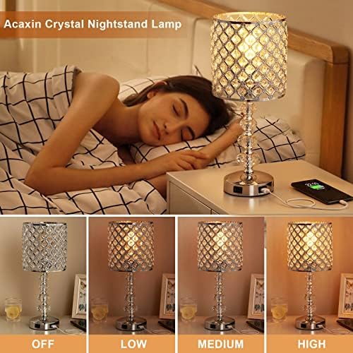 Кристален Настолна лампа за спални, Сребриста Нощна лампа с 3-Лентов Регулируема яркост, Невероятен лампа за