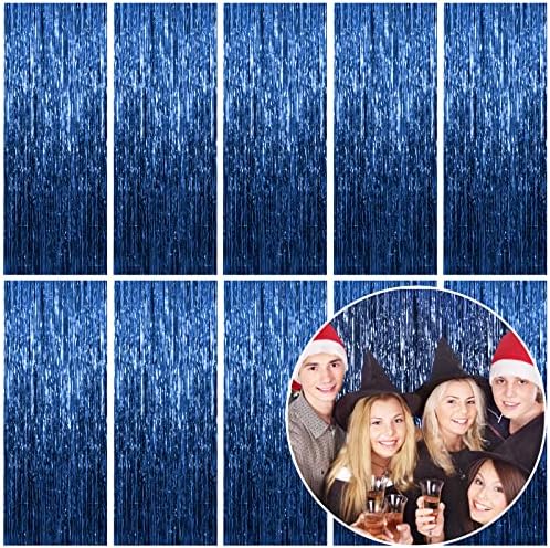10 X Завеса От Фолио Фон Синя Метална Сърма Пердета с Ресни от Фолио Подпори за Фотобудки за Рожден Ден, Сватба
