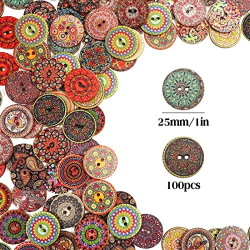 TUUXI Дървени Копчета 100ШТ 2 Кръгли Дупки Старомодна Ретро Оцветени Цветя за Шиене на Изработване на DIY Случайни