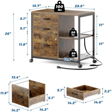 Дървен шкаф метален шкаф Himusi с 3 Чекмеджета с жак и USB порта за зареждане и за Домашния офис, Плъзгаща се