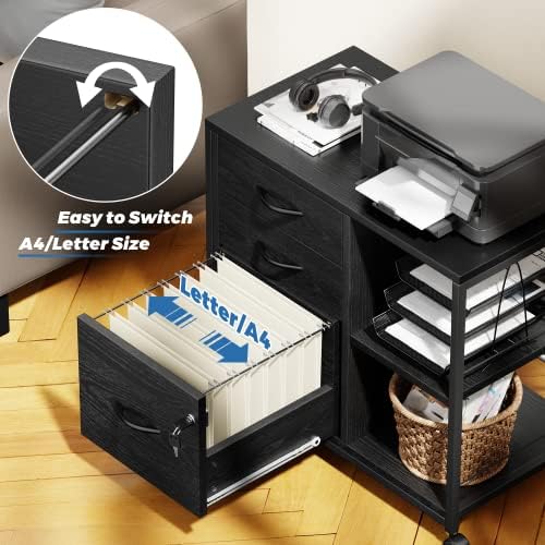 Дървен шкаф метален шкаф Himusi с 3 чекмеджета с жак и USB порта за зареждане и за Домашния офис, Плъзгаща се