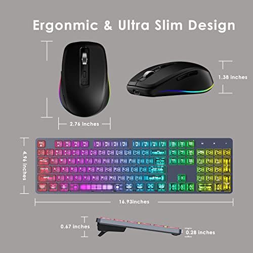 Безжични Клавиатура и мишка POWZAN, Акумулаторна Комбинирана Безжична клавиатура и мишка, Подвижната мишка, Тънка пълен размер Тиха 7-Цветна клавиатура USB 2.4 G с подсве?