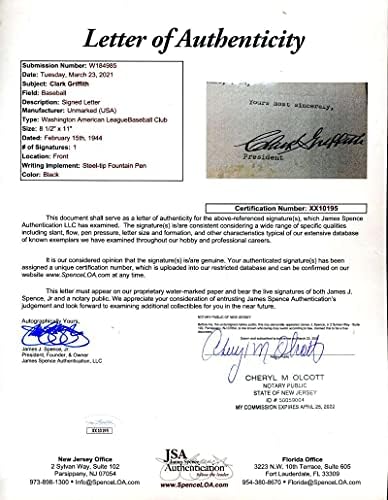 Кларк Грифит главен Изпълнителен директор на JSA Подписа Автограф На Писмото на сенаторите 1944 г.