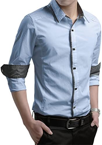 Мъжка Делова Риза с копчета Обичайните Размери с Контрастни яка и Дълъг ръкав Slim Fit, Ризи, Без Бръчки