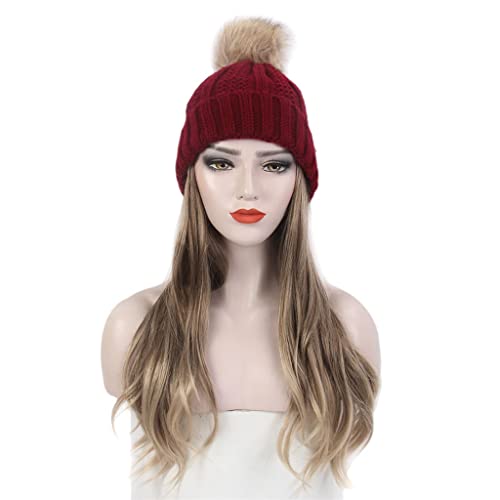 YFQHDD Модни европейската и американската дамска шапка за коса, дълги къдрави коси златна перука и червен вязаная