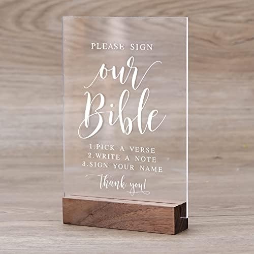Акрилна Плоча за книга за Гости от Сватбената Библията с Дървена поставка - Моля, подпишете нашата Библията