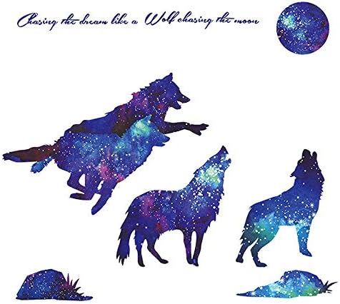 Amaonm Творчески Сини Винилови Стикери за стена с изображение на Звездното Небе, на Вълк и на Луната, Сменяеми