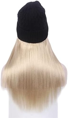 SDFGH Модни европейската и американската дамска шапка за коса, дълга права светла перука и шапка, черна вязаная