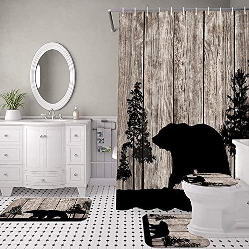 SiMiWOW Черна Мечка в гората, Завеса за душ, Комплект с подови изтривалки на разположение, Завеса за декора