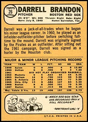 1968 Начело на 26 Дарел Брендън Бостън Ред Сокс (Бейзболна картичка) (Обратна страна на златист цвят) NM /