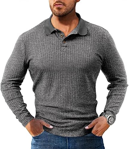 Мъжки ризи Поло YRW, Риза Хенли с дълъг ръкав, Класическа Однотонная риза за голф в рубчик от еластичен плат