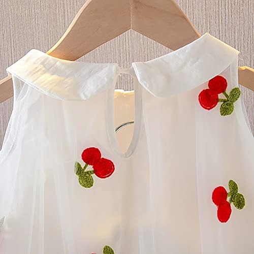 KAGAYD / Лятна рокля за малки момичета, Бял Модерен Мрежест жилетка без ръкави с черешов принтом Рокля с Трапецовидна