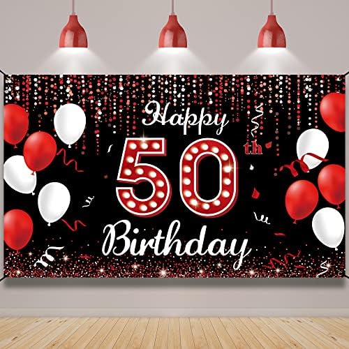 фон за украса на 50-ия ден от раждането, Банер, Декорации с 50-годишнината за жени, Червен, Черен, Бял, 50-Годишният