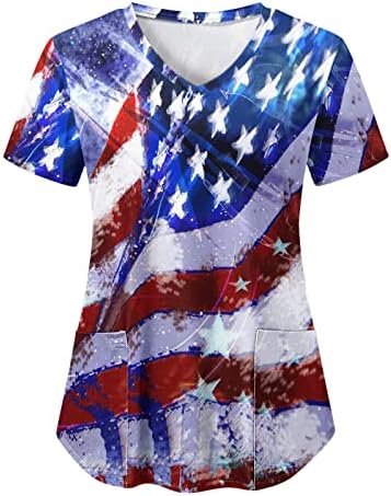 На 4 Юли Тениска за Жени с Флага на САЩ Летни Тениски с Къс Ръкав V Образно Деколте с 2 Джобове Блузи Празнична
