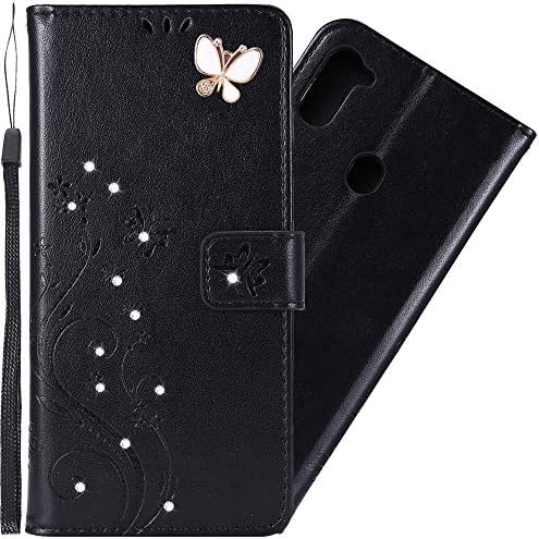 LEMAXELERS Samsung Galaxy A11 Чанта-портфейл от Изкуствена Кожа с Магнитни Бижута и Диаманти, Релефно Калъф-пеперуда