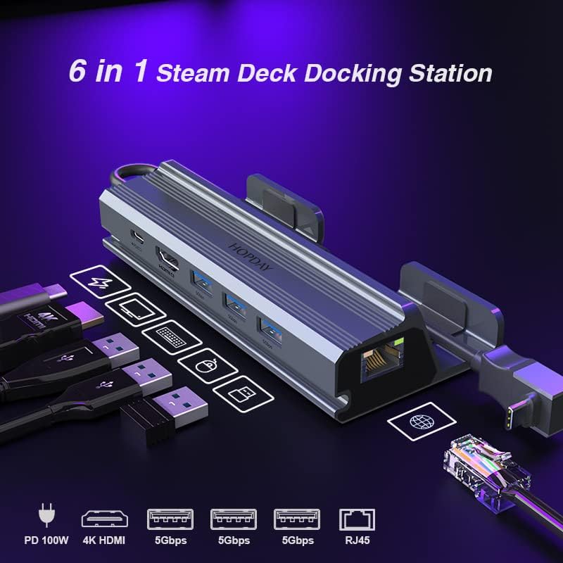 Докинг станция HOPDAY Steam Deck, докинг станция за Steam Deck 6 в 1 с HDMI 4K @ 60 Hz, 3 * USB 3.0, зареждане