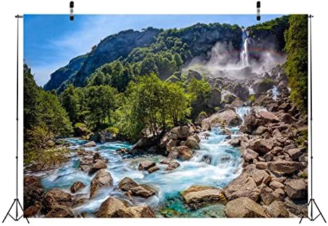 BELECO 5x3ft Тъканни Фонове с Планински Водопад Фотография, Зелени Горски Дървета, Речен Поток, Дъгата Природен
