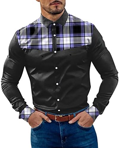 Есенни Ризи ZDDO за мъже, Цветен Блок Бизнес Риза в Райе в стил Мозайка с Дълъг Ръкав Regular Fit за Работа,