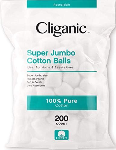 Памучни топки Cliganic Super Jumbo (200 броя) - Хипоалергенни, Поглъщащ, Голям размер, чисти