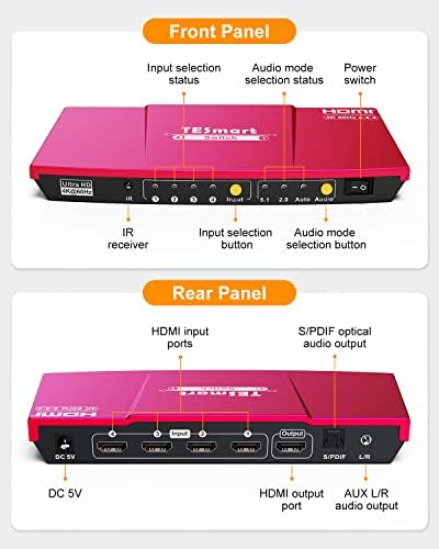 TESmart 4x1 HDMI комутатор 4K, HDMI Switcher Box Оптично аудиовыходом, HDMI-сплитер 4 в 1 с IR-дистанционно