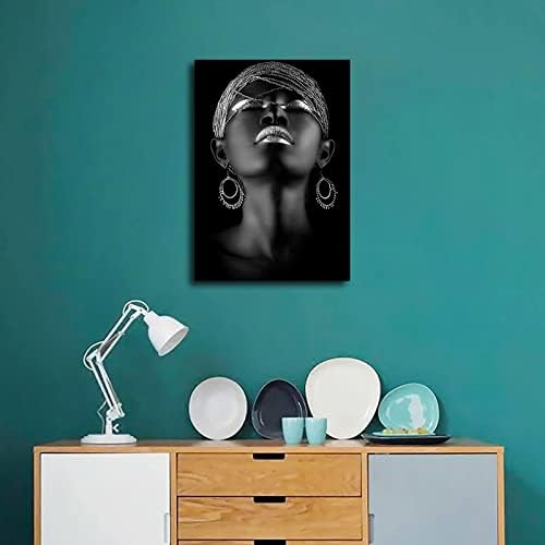 Съвременно афроамериканское Изкуство Платно Стенно Изкуство Сребрист Черен Женски Портрет Платно Плакат на Платното