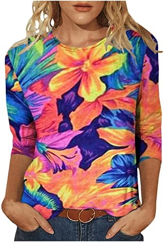 Облекло с 3/4 ръкав, Модни Памучен Блуза с Кръгло Деколте и Графичен Дизайн за Почивка, Риза Свободно Намаляване