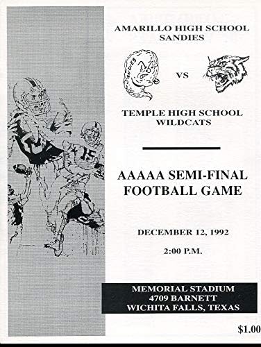 1992 Полуфинальная футболна програма на щата Тексас AAAAA Амарило - Темпъл 12 декември - Програма колежи