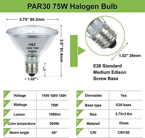 H & Z Par30 с късо гърло, 6 Опаковки на високо Ефективните халогенни лампи Par30s мощност 75 W 120 В, Par30 с регулируема яркост на Топло бяла 3000 За, Прожектор Par30 мощност 75 W, със ср?