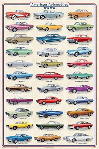 Американските Автомобили 1960-1969 Учебна Помощна Таблица Автомобилния Транспорт Печатни Плакат 24x36