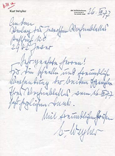 НЕМСКИ КОНТРА - адмирал Курт Вайер подписано писмо с автограф